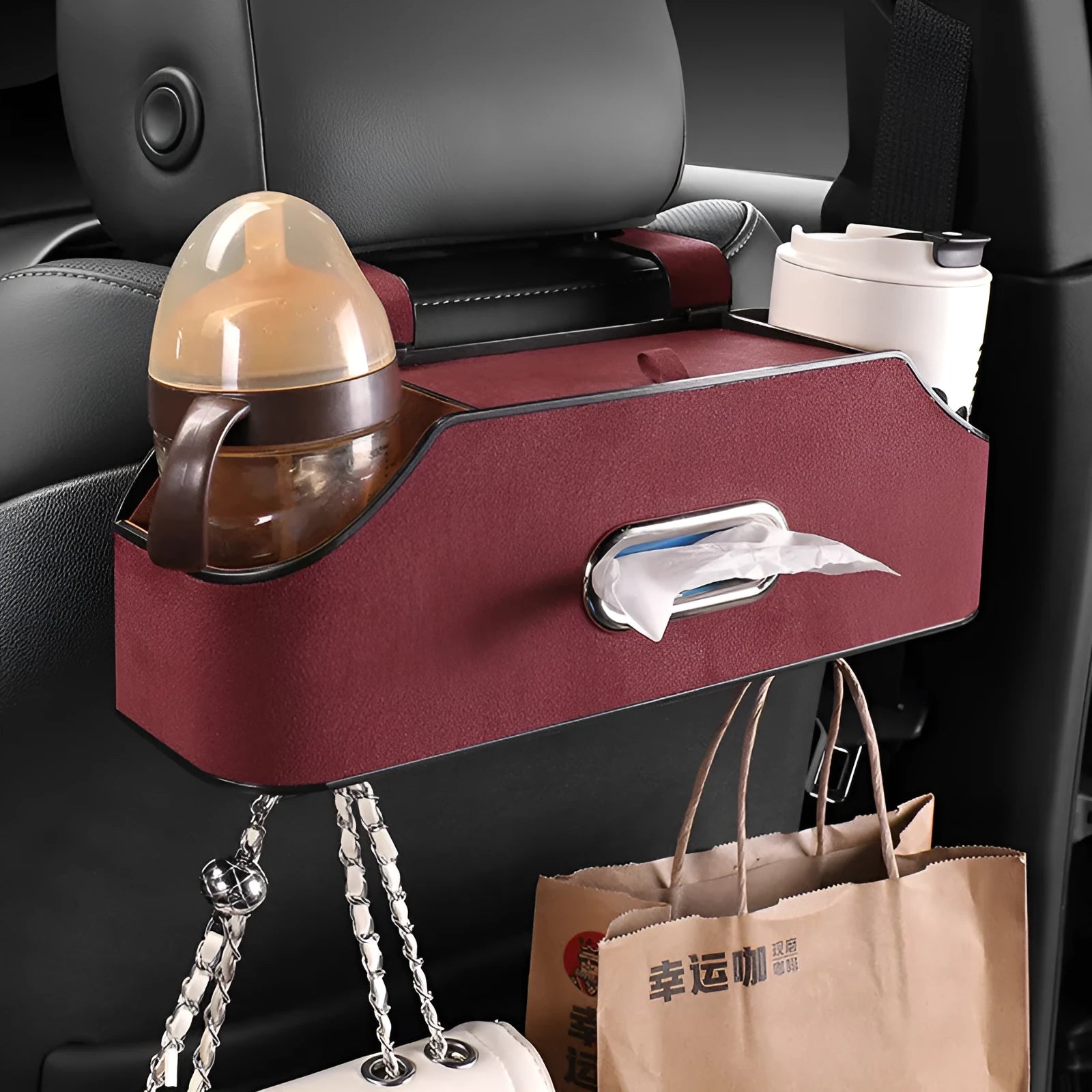 Genuine leather car tissue box holder with cup holder and buggy storage compartments