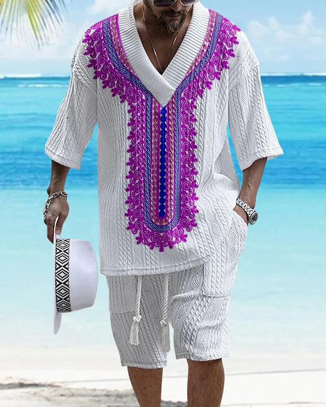 Men's knitted drop-shoulder short-sleeved top and matching shorts set in a printed design