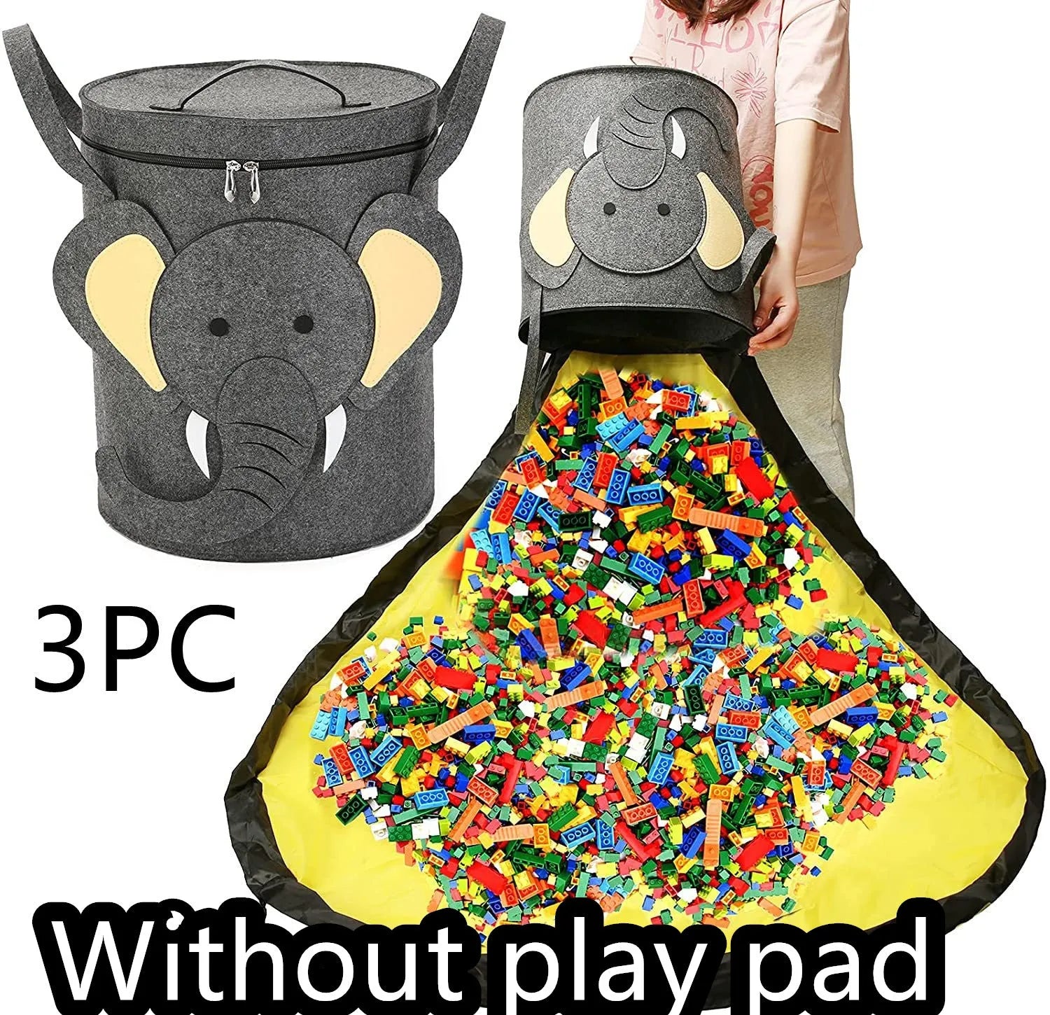 Green felt cube storage bag with pull rope shown as both toy container and play mat