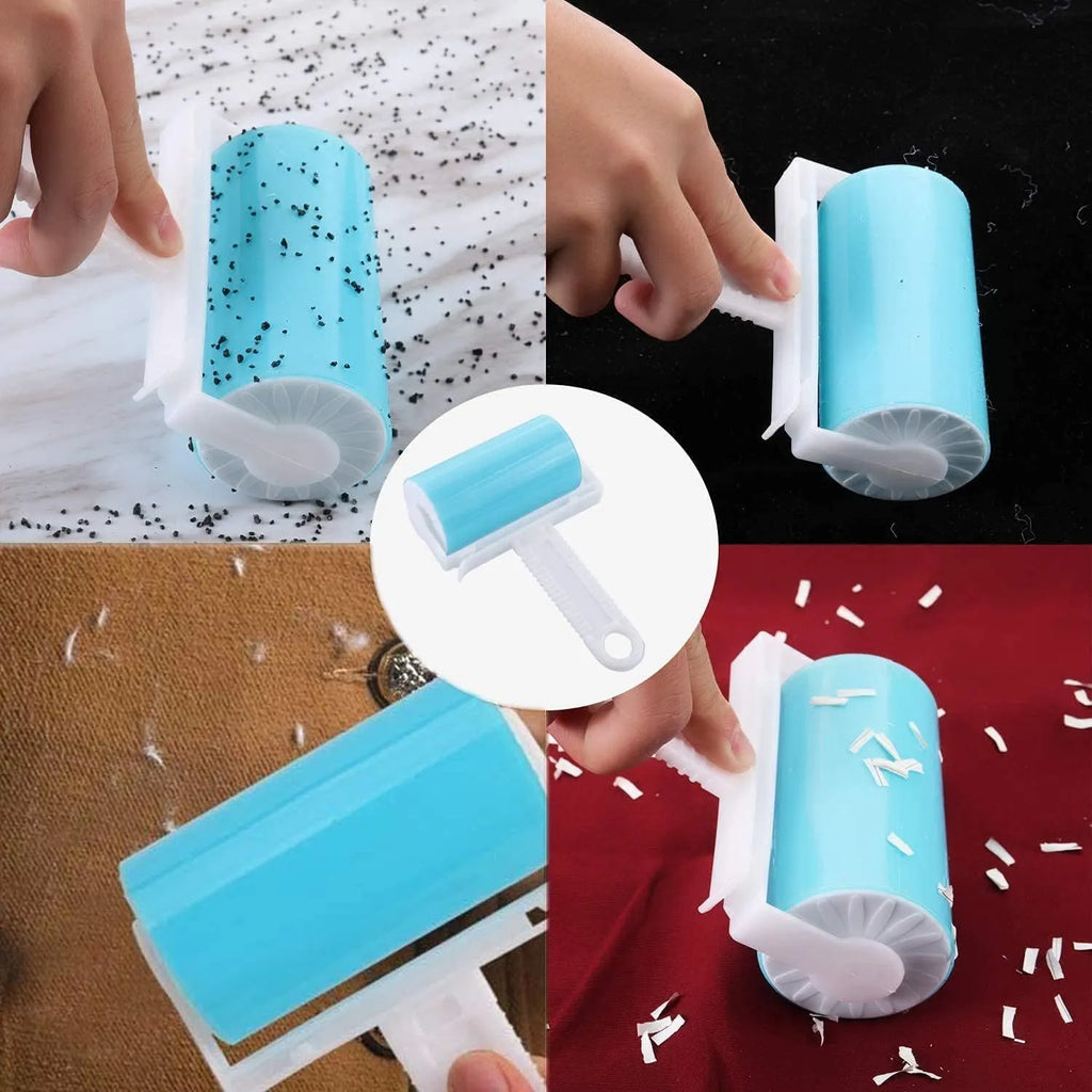 Blue washable reusable lint roller with cover for pet hair removal on fabric.
