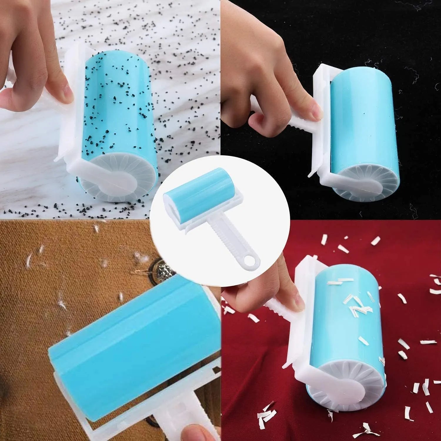 Blue washable reusable lint roller with cover for pet hair removal on fabric.