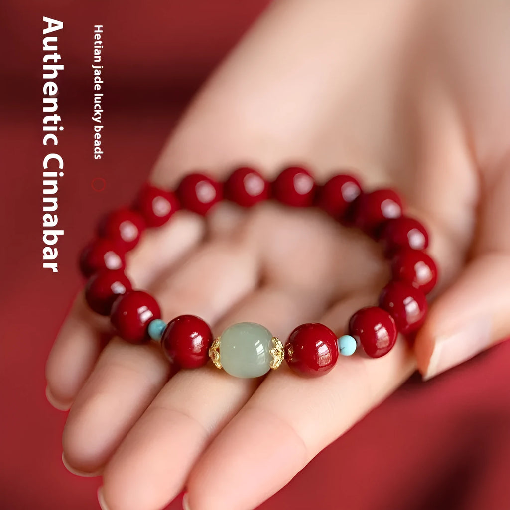 Cinnabar Hetian Jade bracelet with elliptical geometric beads in purple gold sand colour showing 6mm, 8mm, and 10mm size options