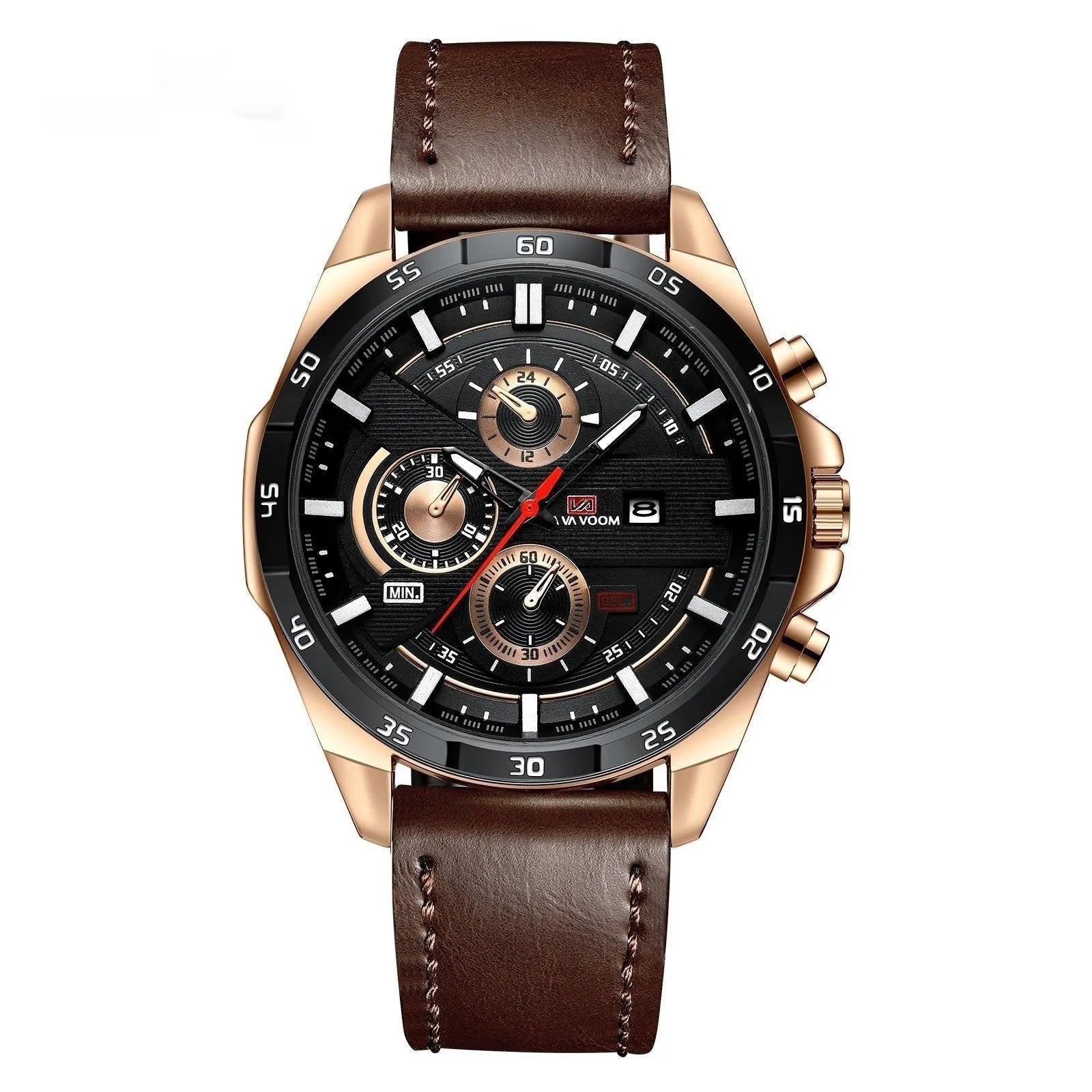 Men's casual quartz watch with business calendar on brown leather-look strap and white dial.