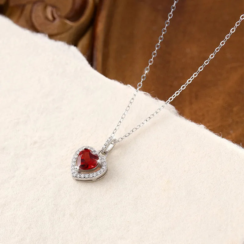 Women's sterling silver S925 necklace with heart-shaped natural gemstone pendant on cross chain