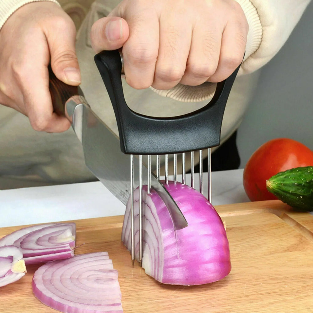 Stainless steel onion holder slicer with ABS handle on a kitchen worktop
