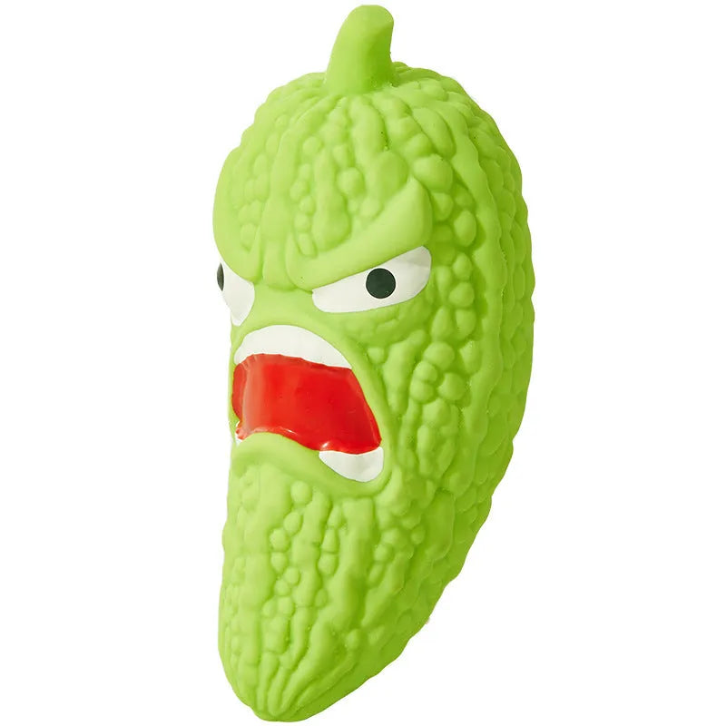 Dog chew toy in bitter gourd or chili pepper shape with sound feature for dental grinding