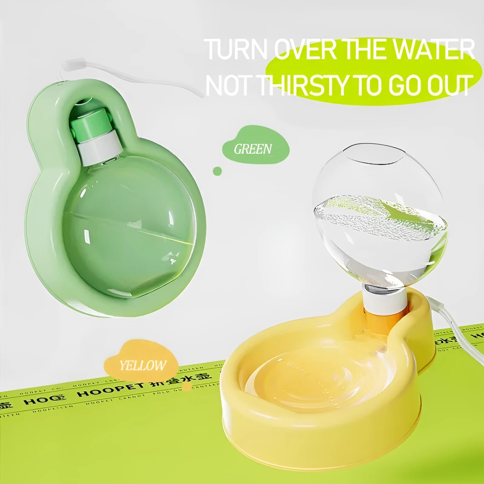 Green Orange Yellow portable pet travel cup with integrated drinking bowl and handle, showing 500ml and 350ml size options.