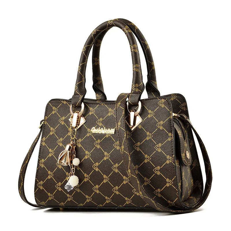 Women's PU leather messenger bag with geometric print pattern and crossbody strap