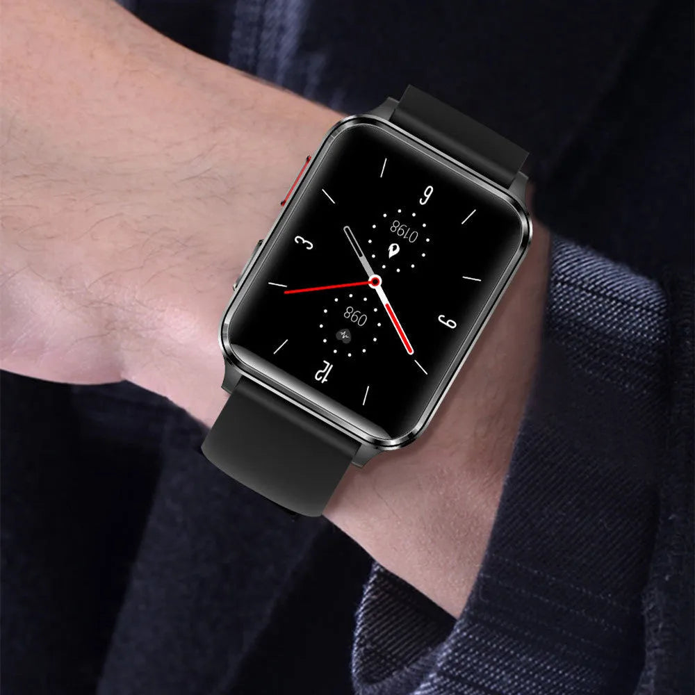 Multi-sport smartwatch with 1.70-inch screen showing fitness metrics on blue silicone wristband