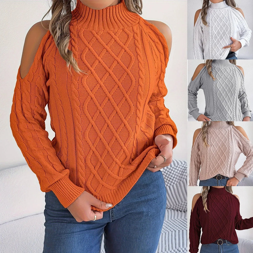 Women's twisted pattern strapless half-high collar sweater with lantern sleeves