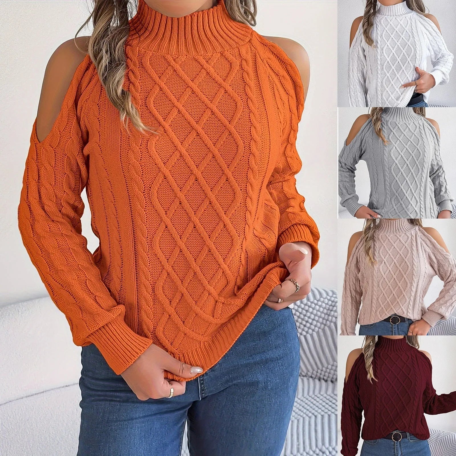 Women's twisted pattern strapless half-high collar sweater with lantern sleeves