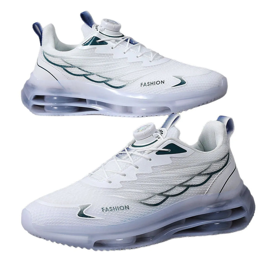 White men's casual running shoes with rotating button closure and mesh upper in Korean style design