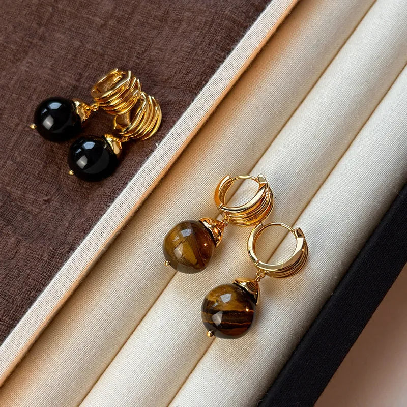 Tigereye geometric stud earrings with gold plating in brown and black colour options