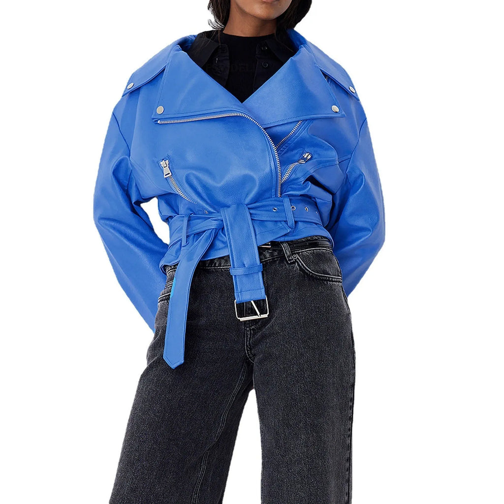 Black punk-style short jacket with a Peter Pan collar and a belt detail on the lapel.