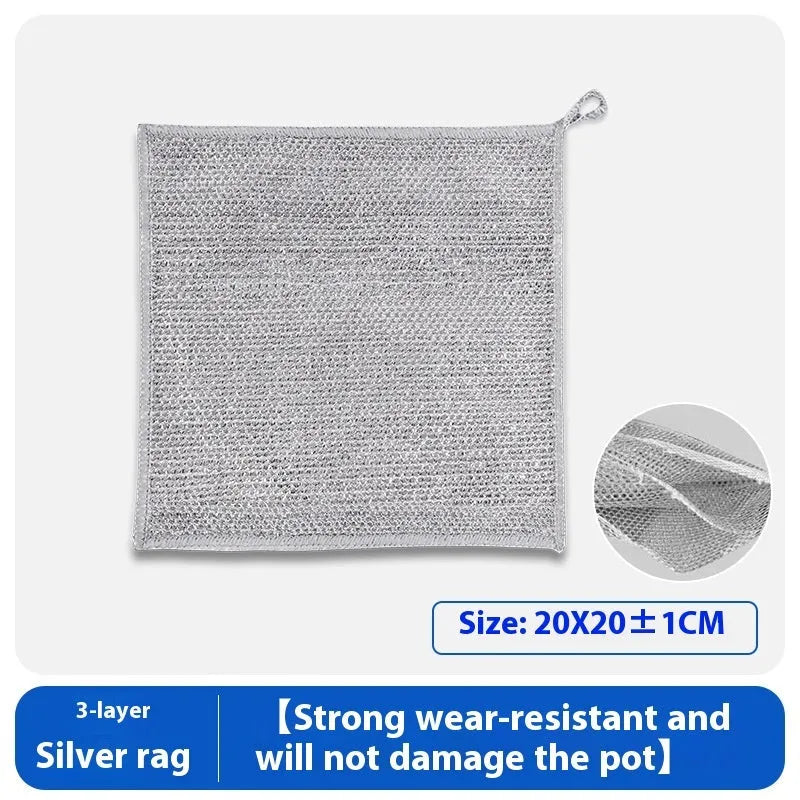 Silver wire and coloured microfiber cleaning cloths in 20x20cm and 25x25cm sizes laid flat.