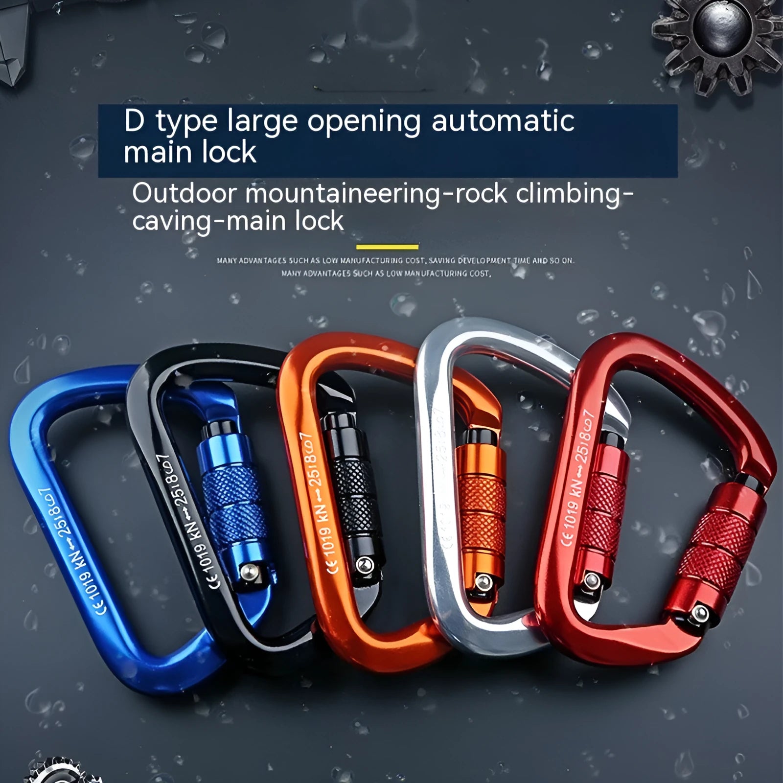 D-type steel climbing lock with auto-lock or screw-gate mechanism in multiple colours