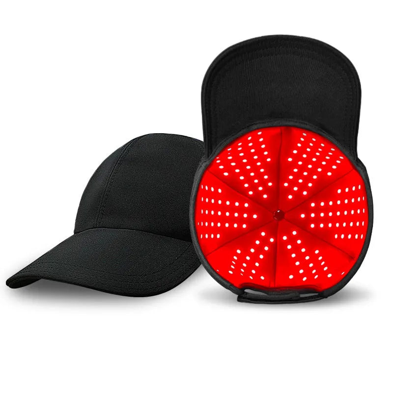 Black infrared duckbill peaked cap for hair growth therapy with LED light panels