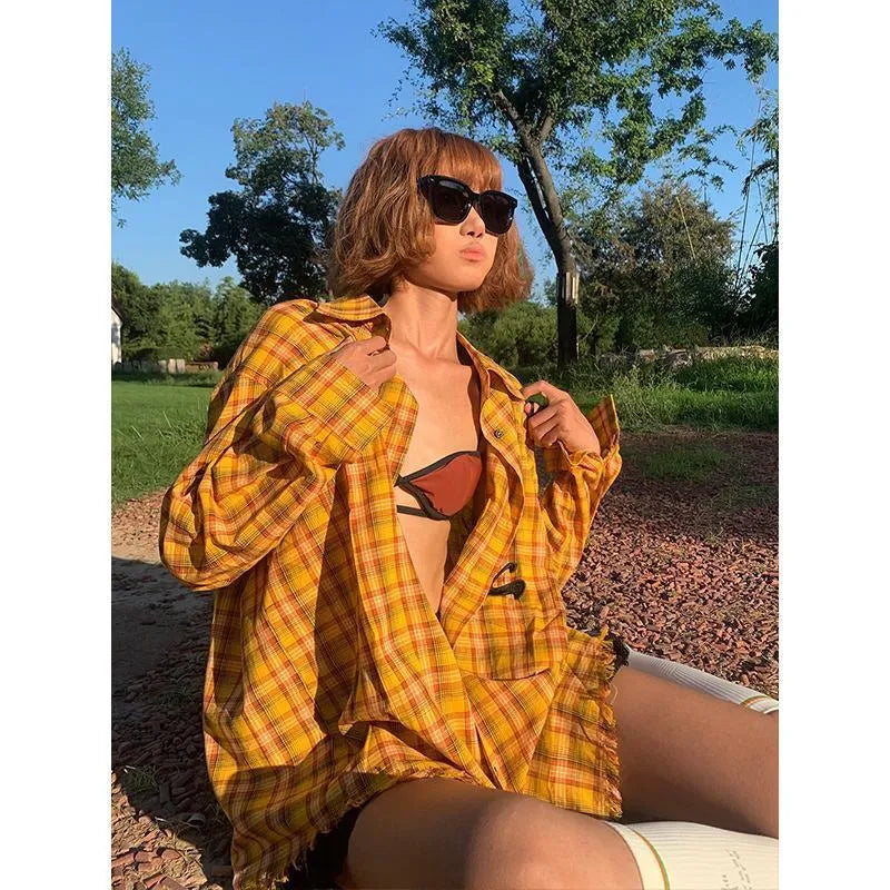 Loose fit dopamine yellow plaid shirt with cardigan styling in polyester blend fabric