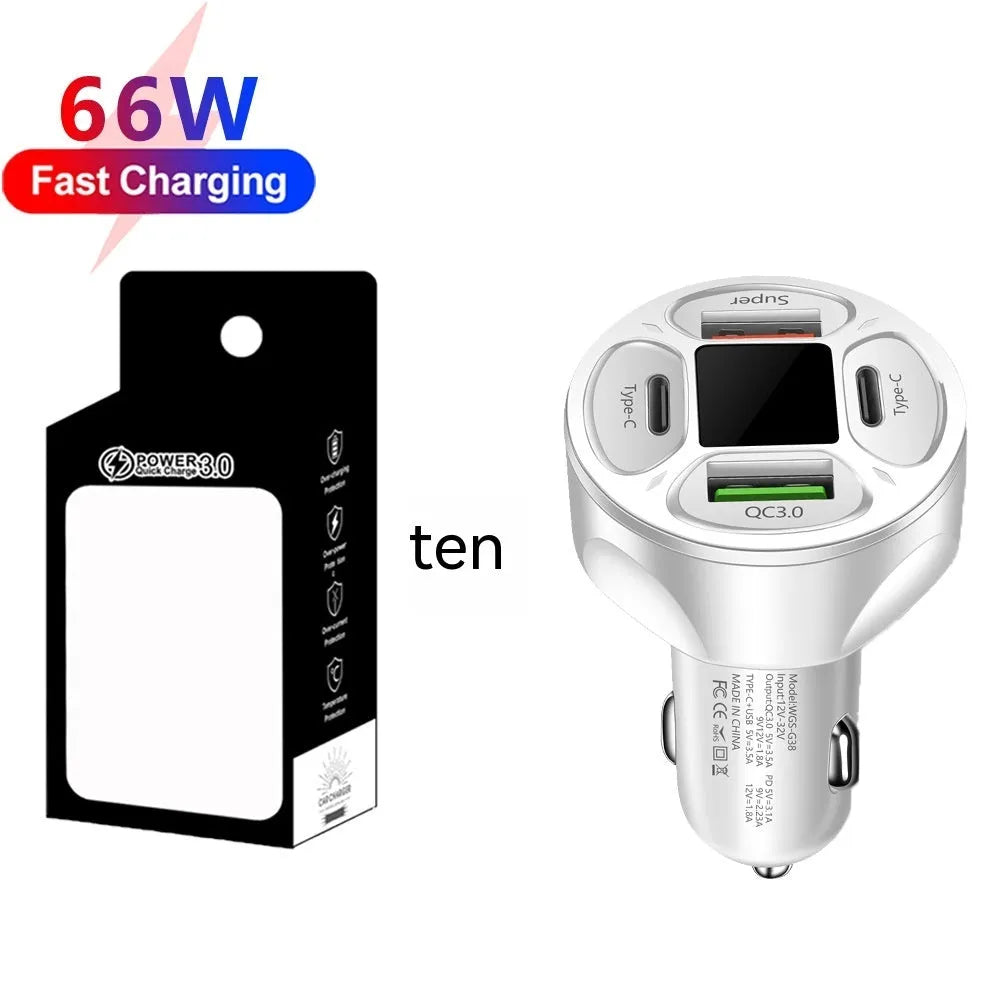 66W car charger with digital display showing 2 USB ports and 2 Type-C ports for vehicle charging