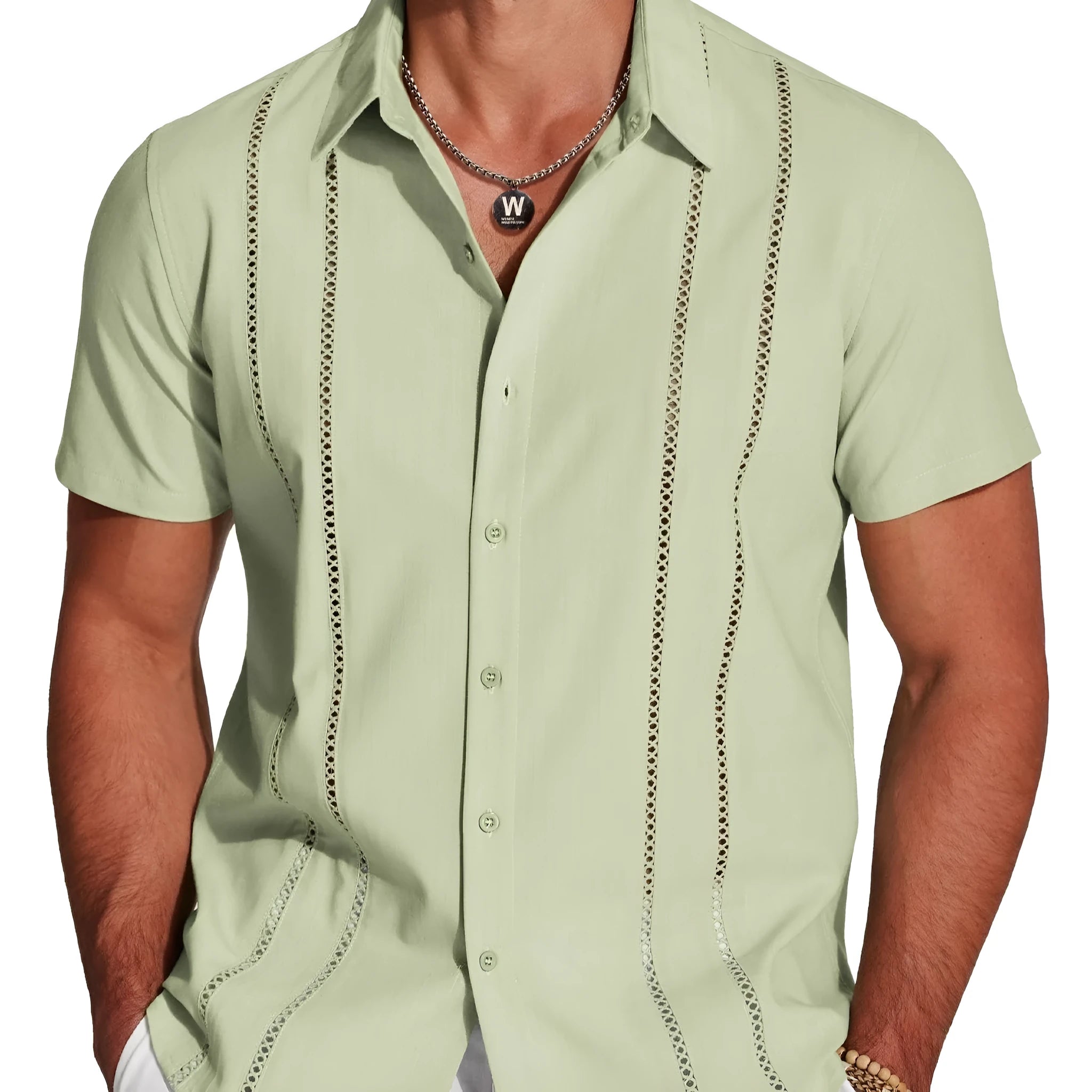 Men's slim fit Hawaiian short sleeve shirt with digital print pattern.