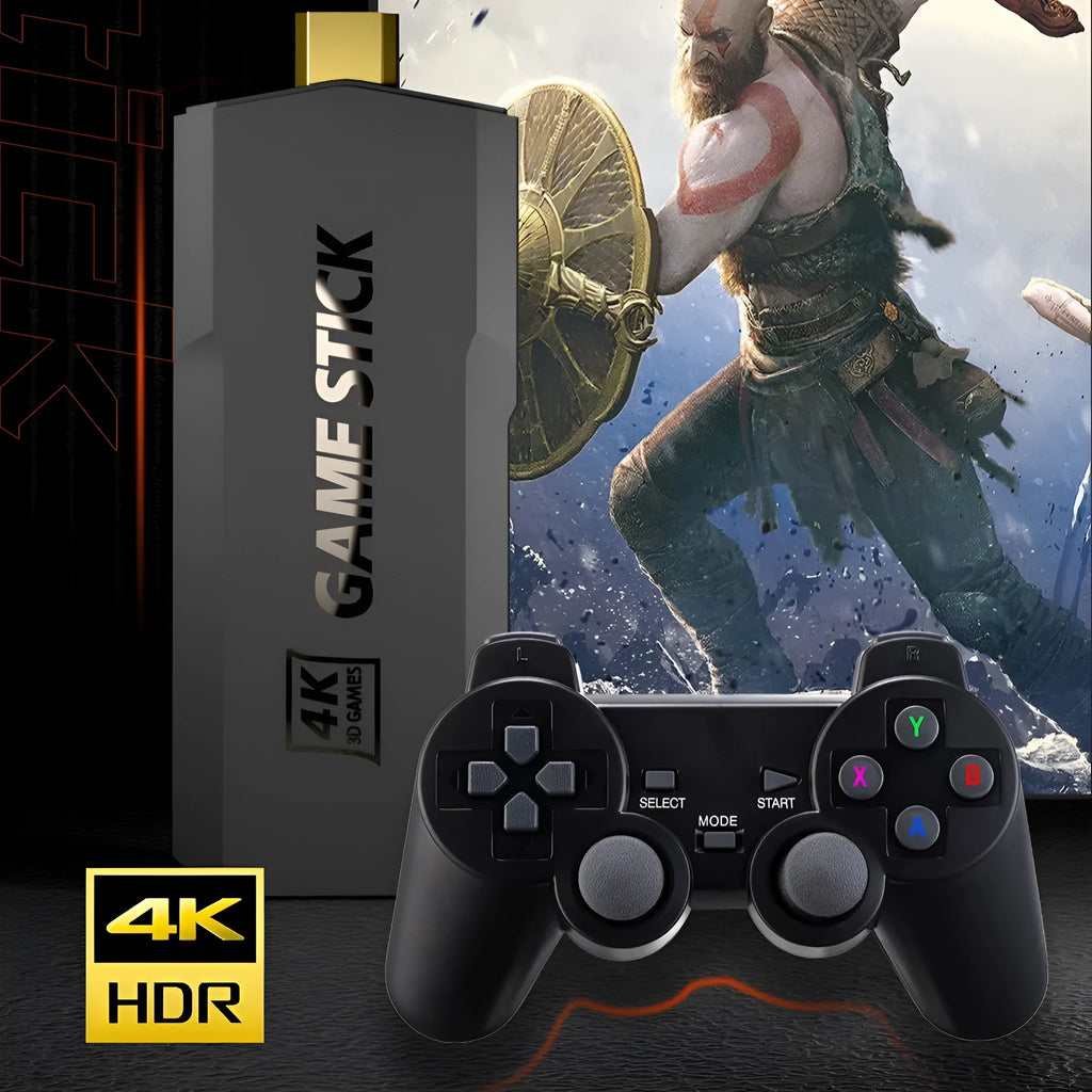 Black ABS 4K wireless TV game console host with dual handle controller and HDMI cable