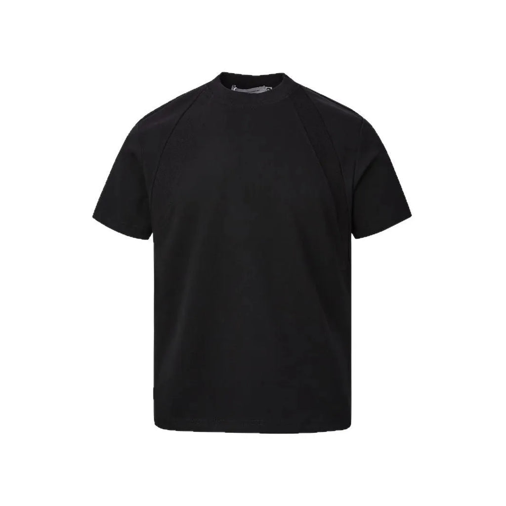 Men's black short sleeve top with air layer stitching detail, loose fit design