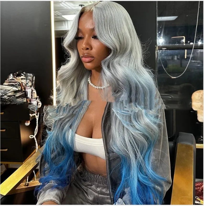 Grey blue gradient colour human hair lace front wig in Rui Li style on a mannequin head