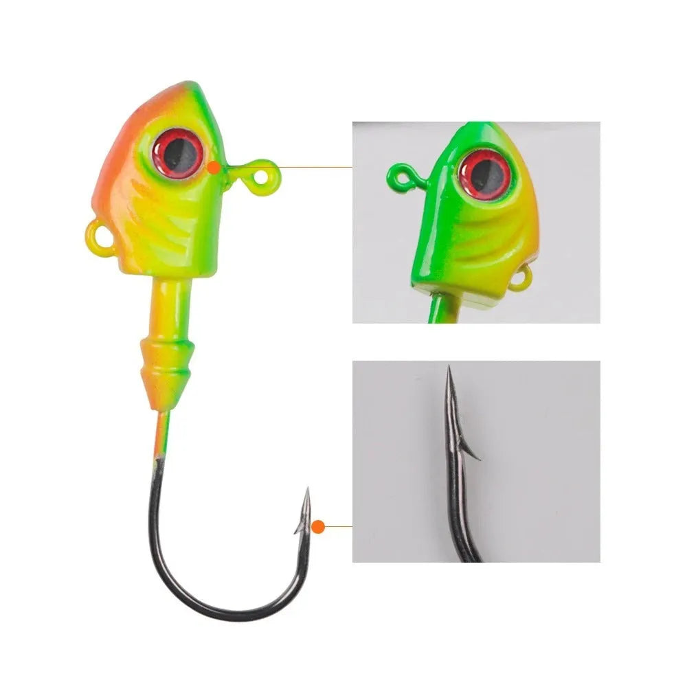 Yayu-shaped lead head hook fishing lure simulation in blue, silver, and yellow colours showing different weight sizes.