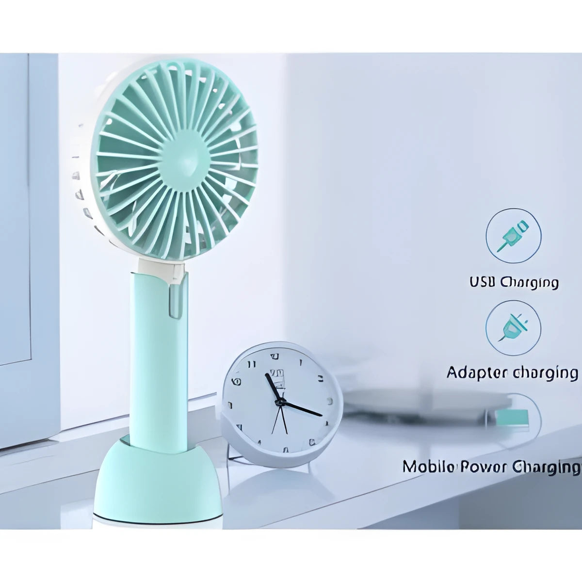 Blue mini silent desktop USB electric fan with three-speed control on a desk