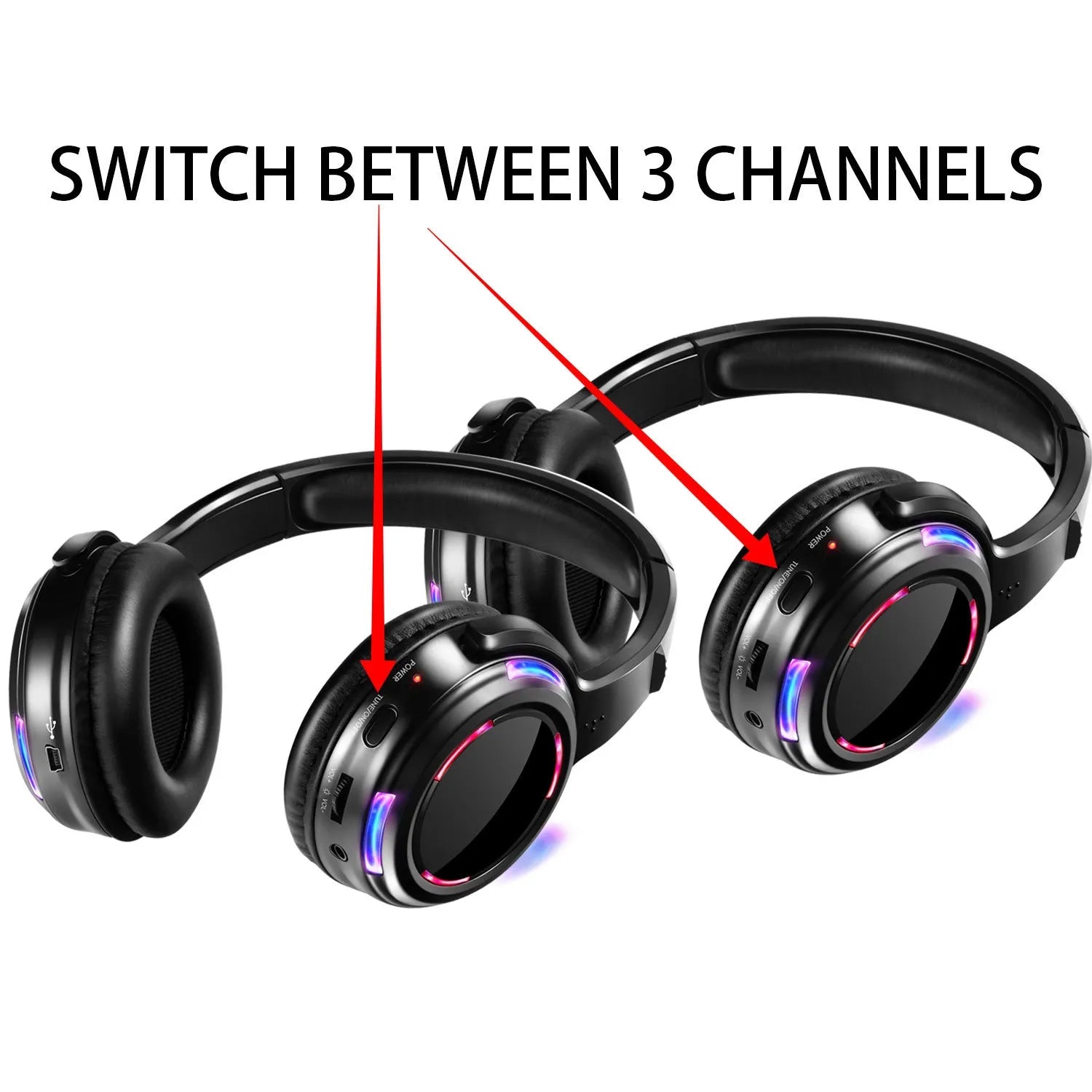 Black silent disco wireless headphones with 40mm speakers and 3-metre cable for party events