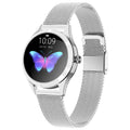 Women's sports smartwatch with colour display showing heart rate monitoring, available in black, rose gold, silver, and white colours