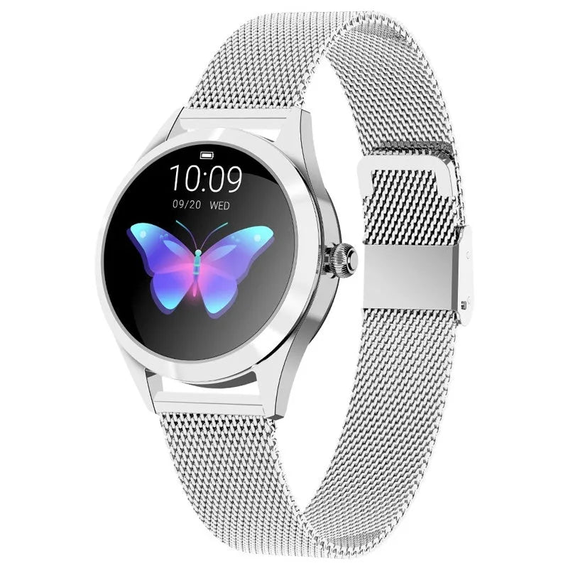 Women's sports smartwatch with colour display showing heart rate monitoring, available in black, rose gold, silver, and white colours