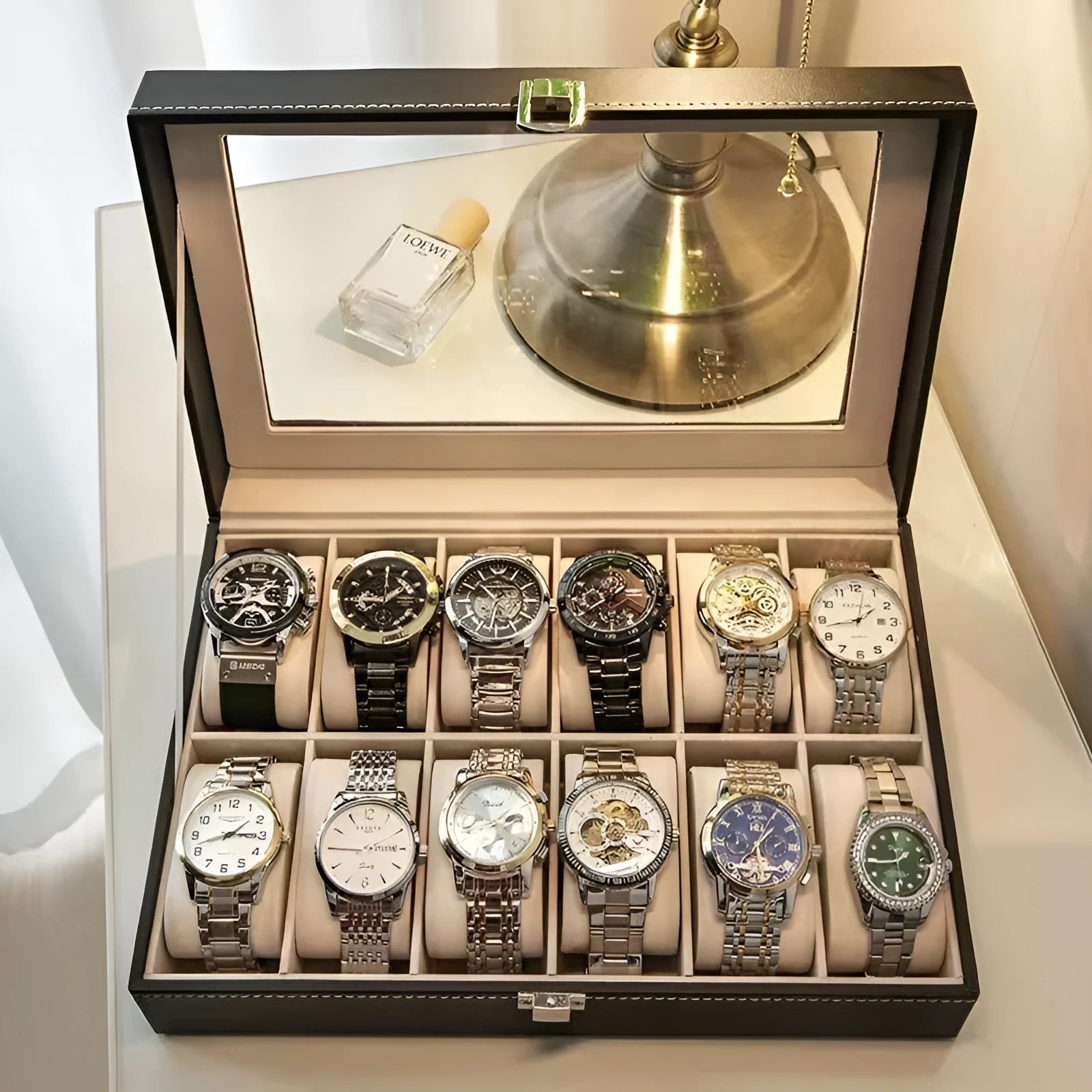 Grey high-grade leather watch storage box with a transparent dustproof lid.
