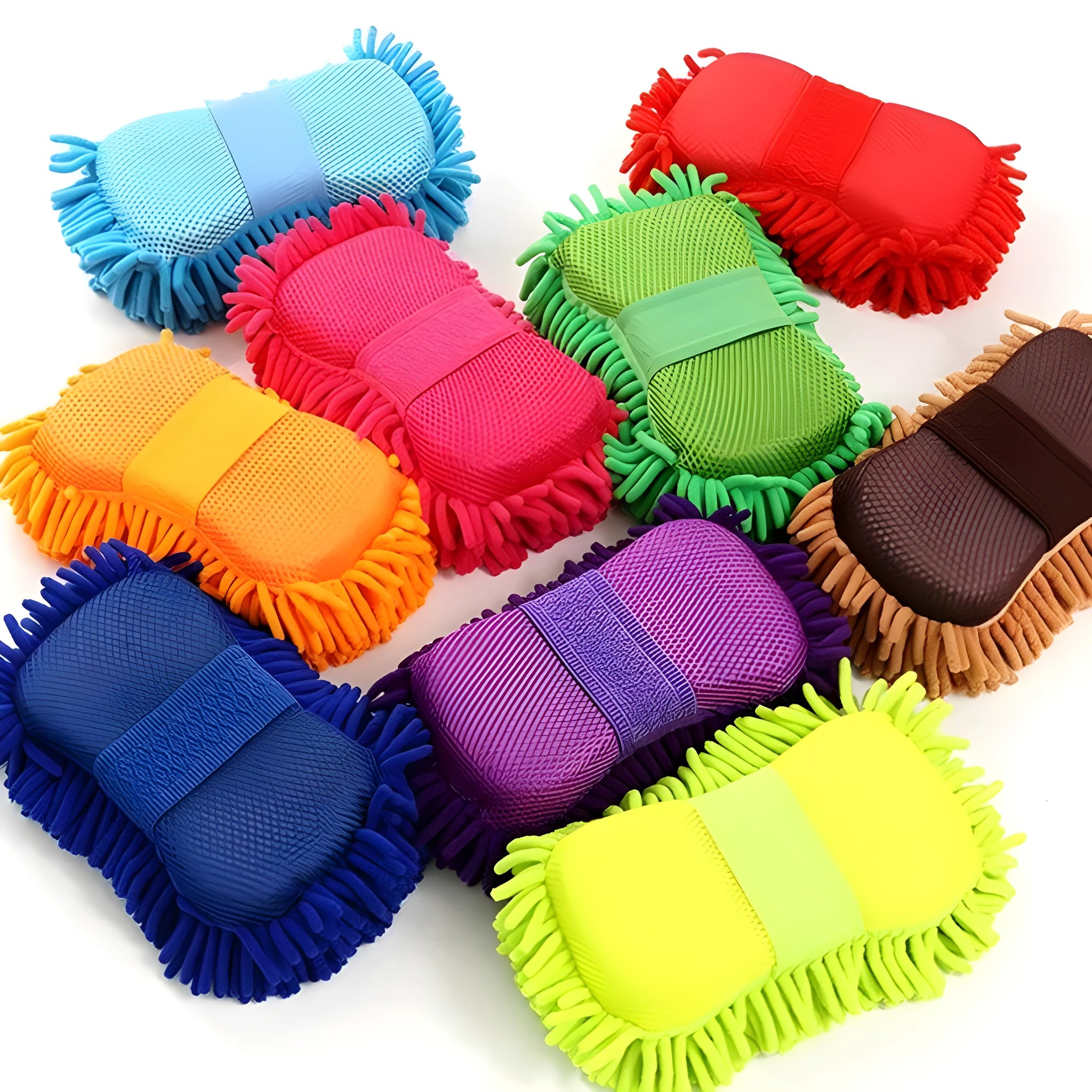 Silver green car wash sponge block measuring 14cm by 25cm with microfiber chenille construction