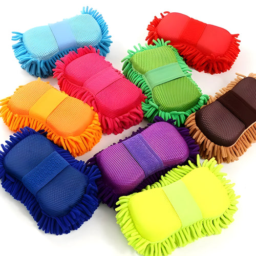 Silver green car wash sponge block measuring 14cm by 25cm with microfiber chenille construction