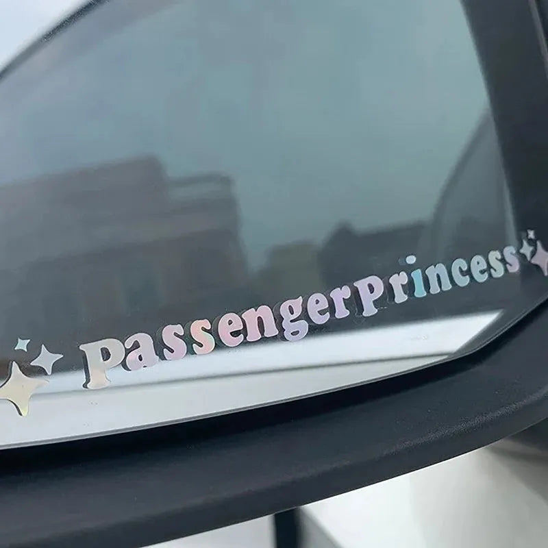 Passenger princess decorative vinyl sticker for car rearview mirror, 12.5 cm, shown in reflective red.