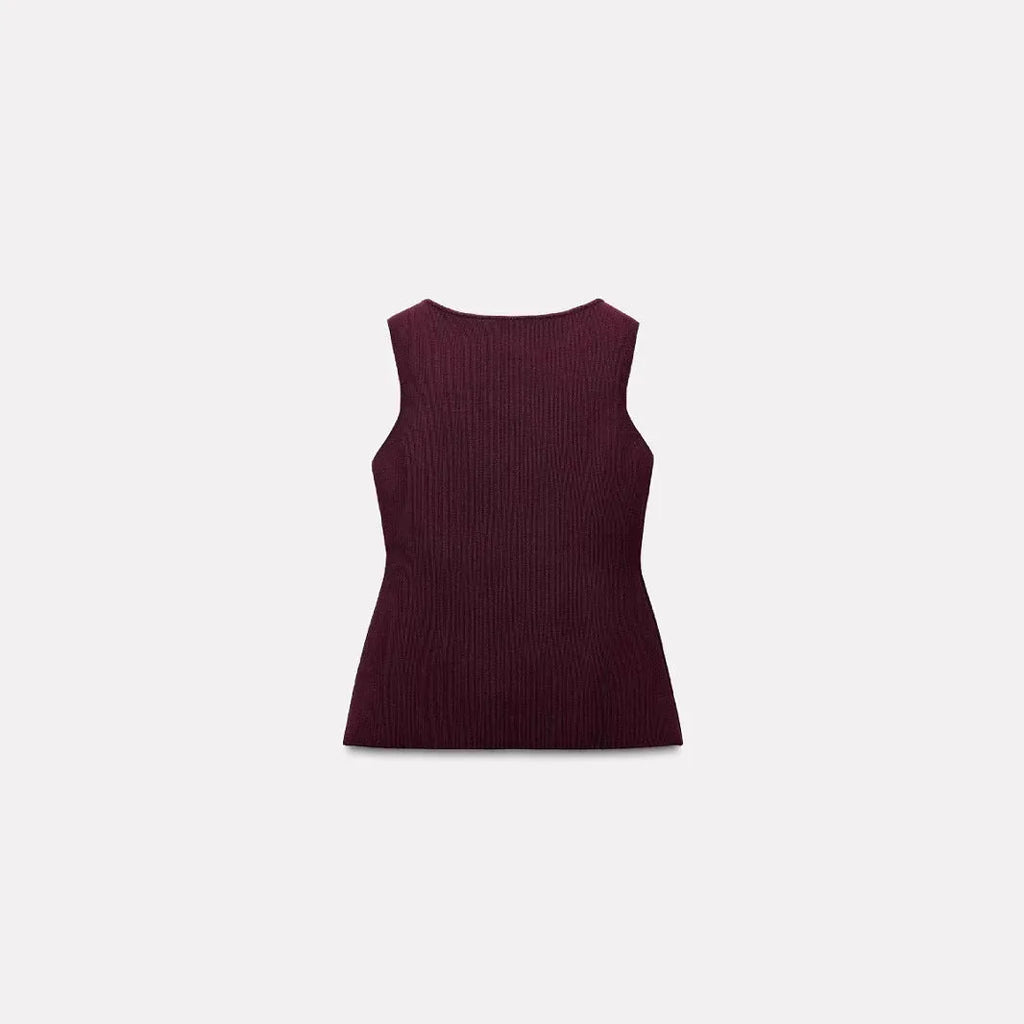 Women's dark red slim-fit viscose sleeveless vest with a raised 3D pattern design.