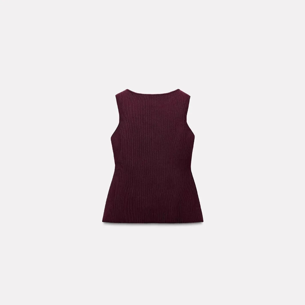 Women's dark red slim-fit viscose sleeveless vest with a raised 3D pattern design.