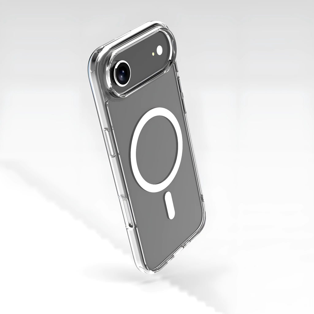 Transparent magnetic phone case for iPhone 17 series showing clear TPU construction with magnetic ring