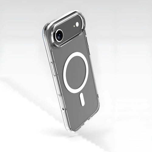 Transparent magnetic phone case for iPhone 17 series showing clear TPU construction with magnetic ring