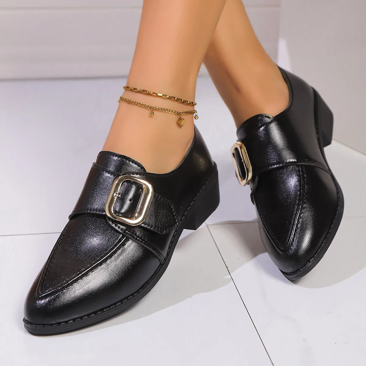 Women's British-style flat shoes with bow detail on PU upper and rubber sole