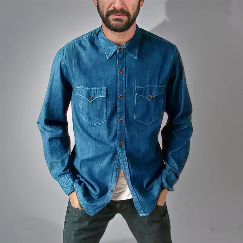 A cotton denim cardigan coat on a hanger, shown in a regular fit.