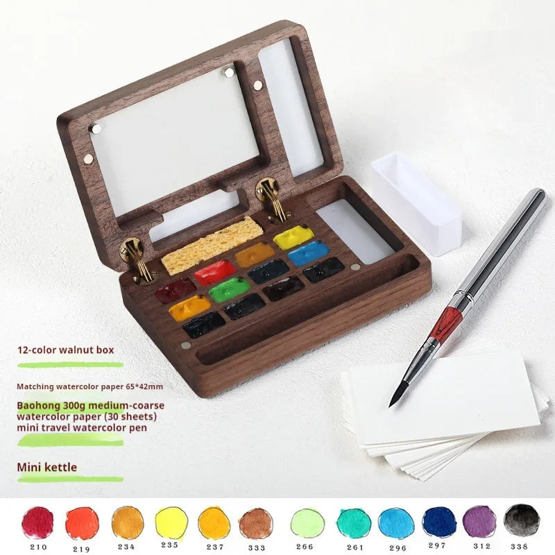 Mini walnut wooden watercolour paint box with included professional paint set for portable art supplies