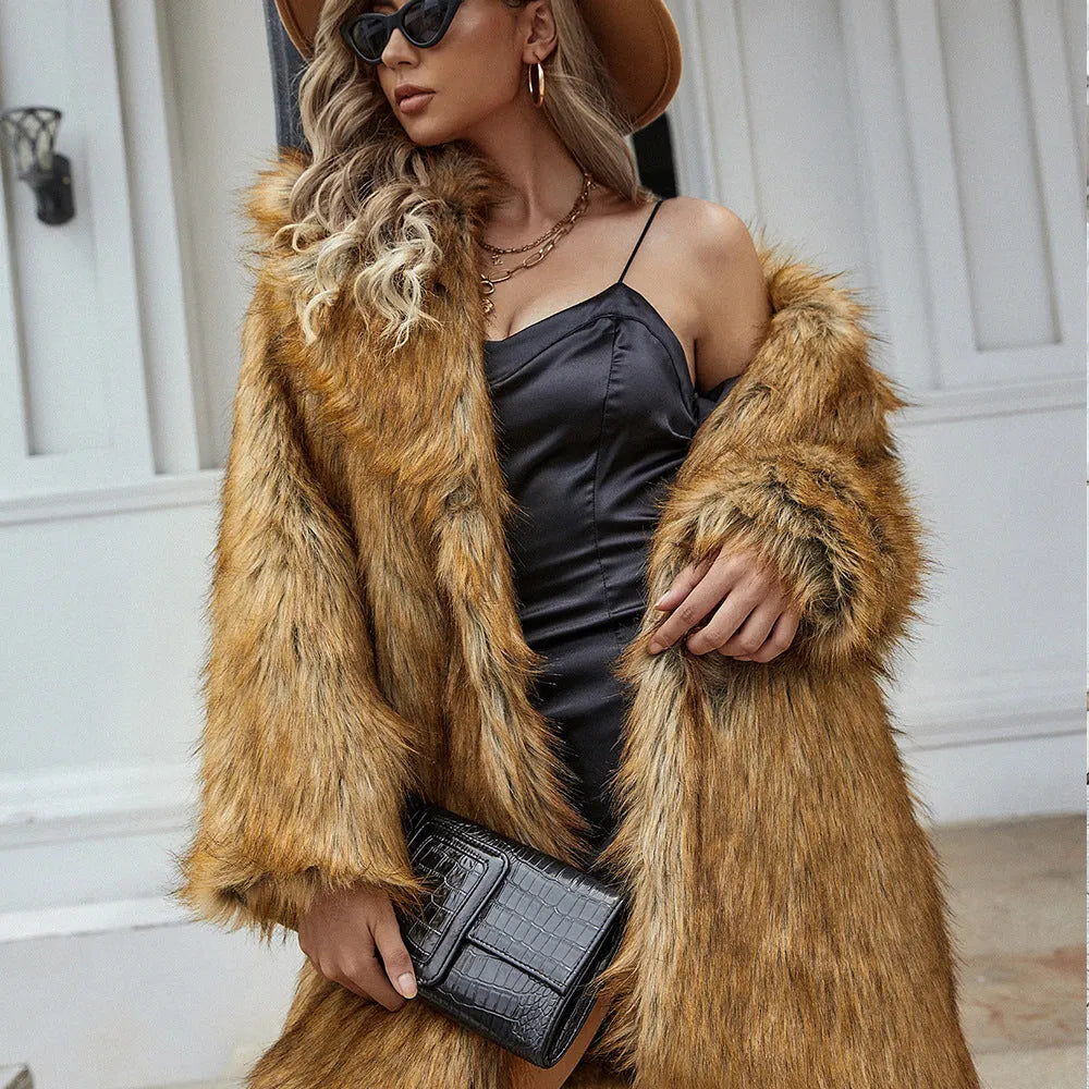 Yellow women's faux fur coat with loose style and regular sleeves