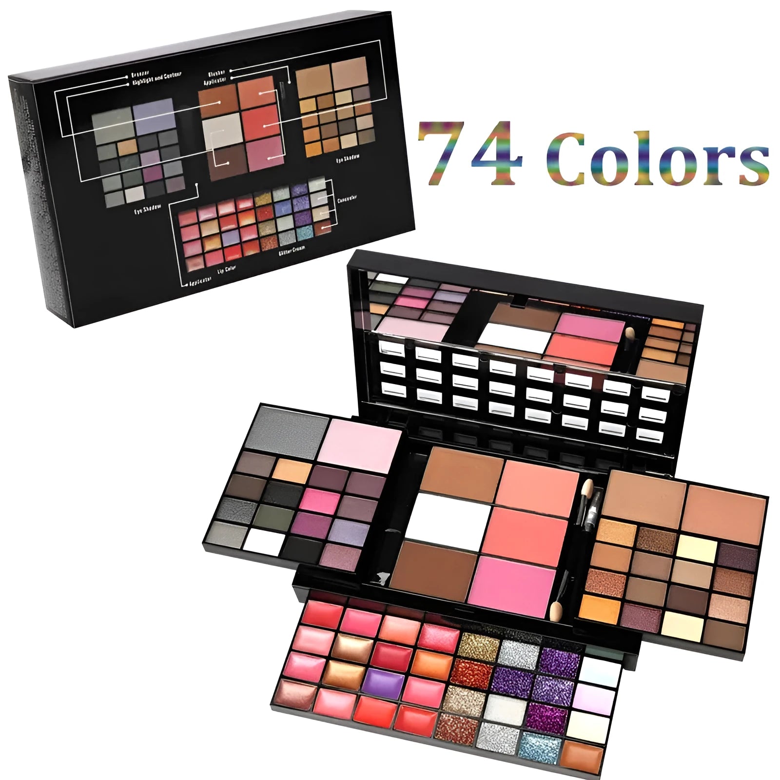 74-colour makeup palette open showing eyeshadows, lip glosses, and face powders with included brushes