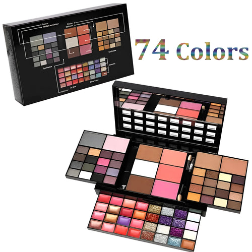 74-colour makeup palette open showing eyeshadows, lip glosses, and face powders with included brushes