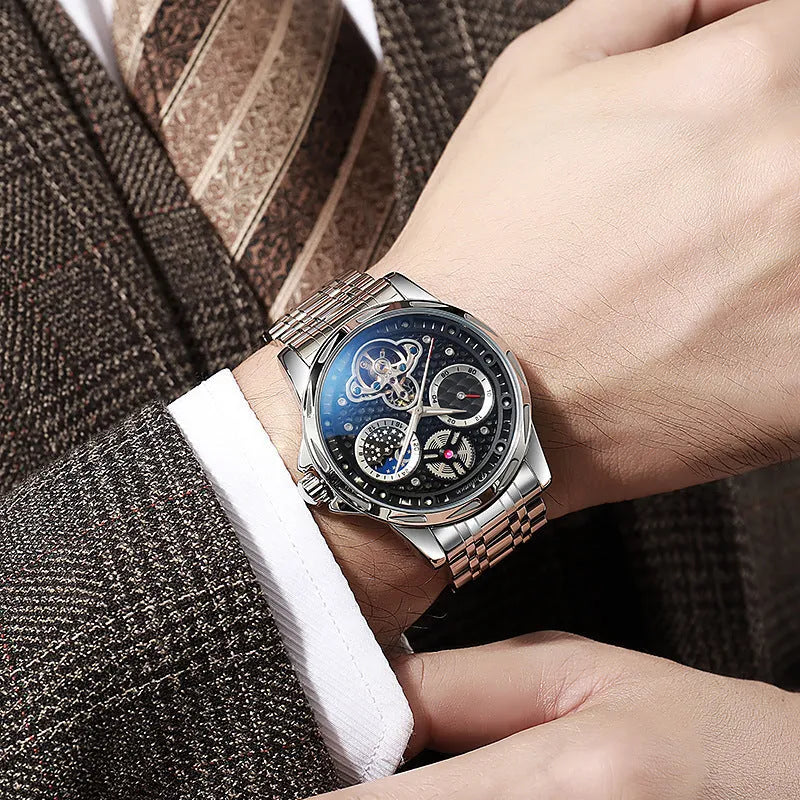 Men's automatic business watch with luminous dial and choice of steel or leather strap in black or white