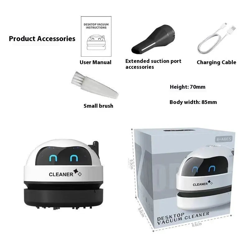 Blue handheld USB desktop vacuum cleaner on a wooden desk next to a keyboard.