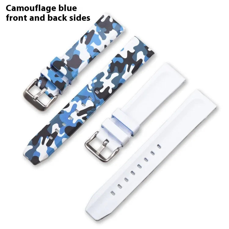 Green camouflage silicone watch strap showing 20mm width and buckle.