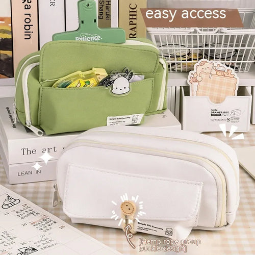 Canvas pencil case in green colour showing large capacity design for student stationery organisation